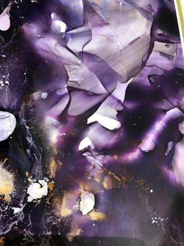 Dark Matter by Monica Anderson; Resin mixed with golden and transparent violet high fluid acrylics trapped between a Yupo and a transparent sheet after a process of 40 days minimum for complete drying