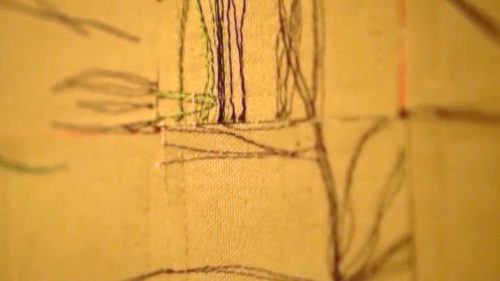 (Not my) Fault Lines by Linda Taylor; Machine stitching: cotton canvas, shibori dyed cotton