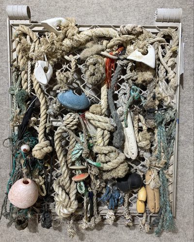 Lots of Knots by Ruth Light; Found objects on beaches including rope knots and fishing floats tied to plastic frame