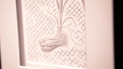 Reflections on Hala/Pandan by Michelle Schwengel-Regala; Silverpoint drawing on archival paper, reflective thread stitching