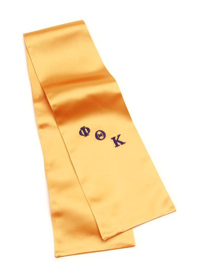 Phi Theta Gold stole with PTK embroidered on it