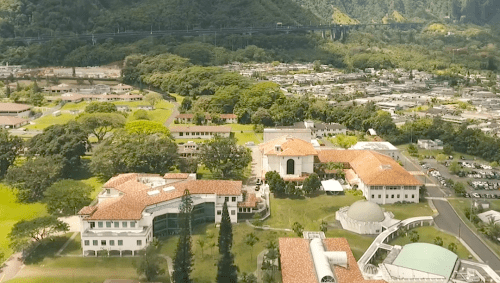 Aerial View of WCC campus with Ko‘olau mountains in the background.