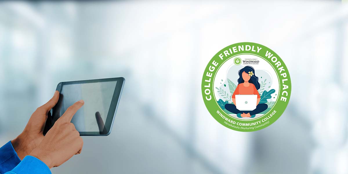 hands touching a tablet screen with the college friendly workplace logo next to it