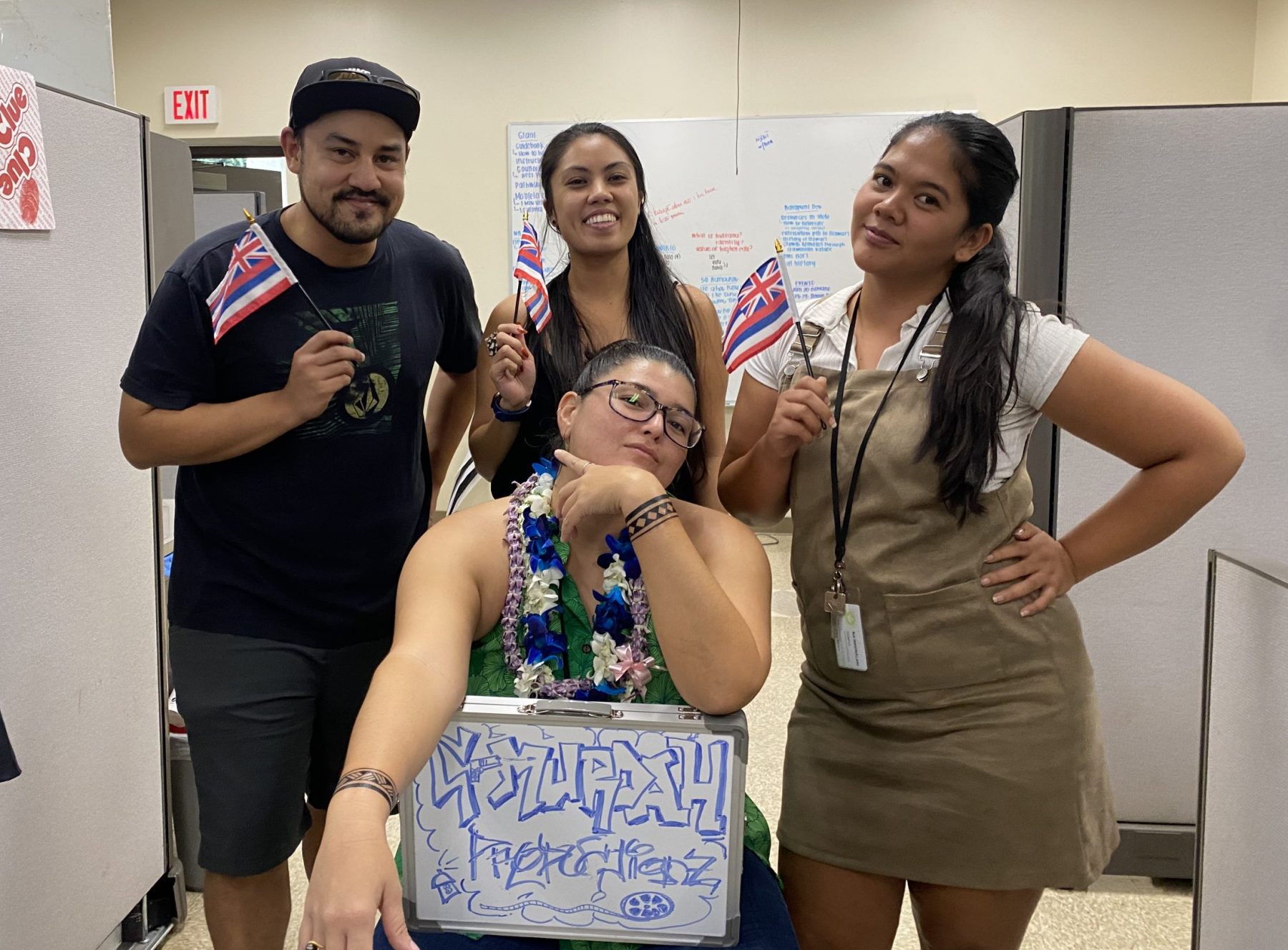 Hawaiian translators from center: Aja Gample, Kaʻimionalani Gample, Makamae Sniffen, Nakoa Camvel 