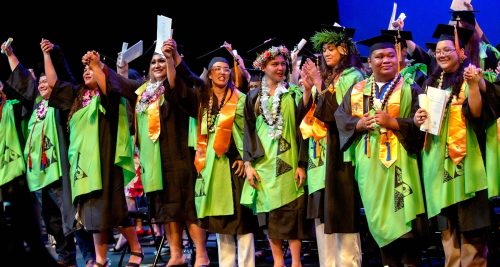 WCC graduating class of 2023 wearing their gowns and kihei, standing with hands raised in celebration